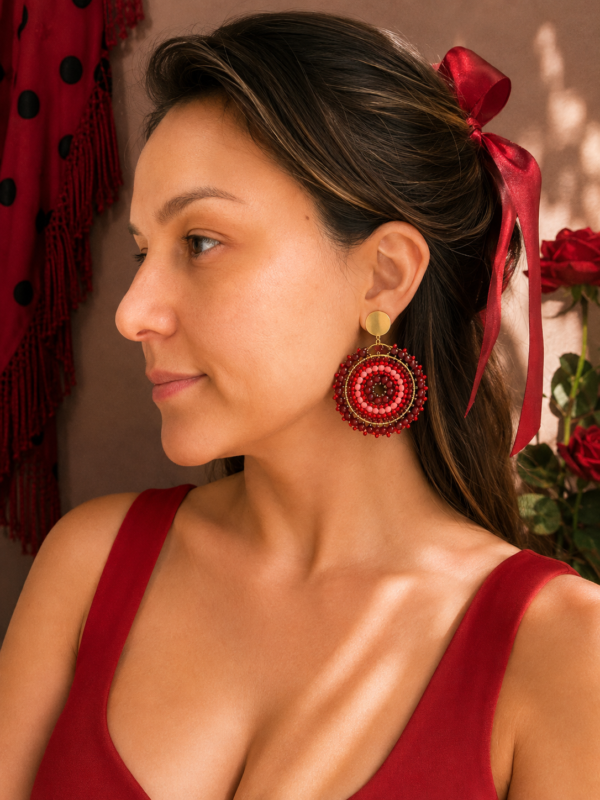 Aros Mandala Rojo & Dorado – Acero Inoxidable y Mostacillas