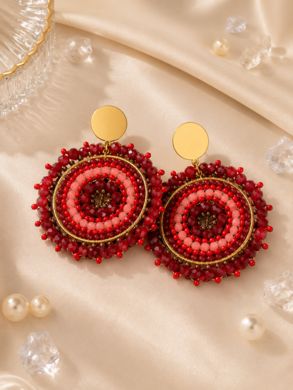 Aros Mandala Rojo & Dorado – Acero Inoxidable y Mostacillas