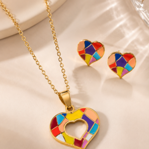 Set Collar y Aros Corazón Multicolor de Acero Inoxidable