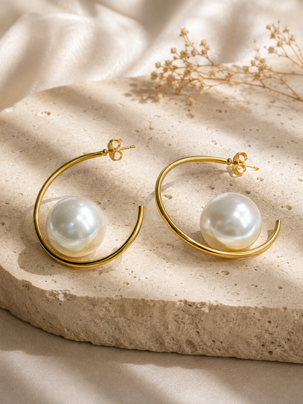 Aros Argolla Dorada con Perla de Acero Inoxidable