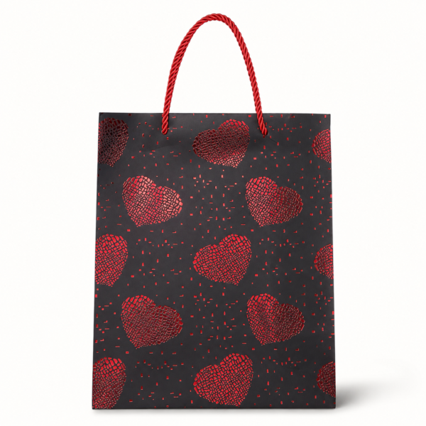 Bolsa de Regalo Negra con Corazones Rojos Metalizados