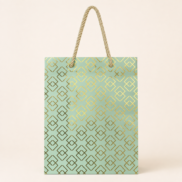 EMP-BOLSA-GRANDE-VERDE-MENTA-004-01 Bolsa de Regalo Mediana Verde Menta con Patrón Dorado