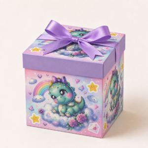 Caja de Regalo Infantil – Dragón Pastel con Cinta Lila