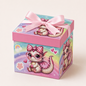 Caja de Regalo Infantil – Dragón Rosado con Gafas de Corazón