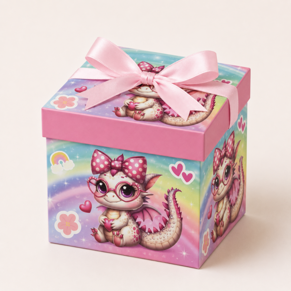 EMP-CAJA-DRAGON-ROSADA-004-01 Caja de Regalo Infantil – Dragón Rosado con Gafas de Corazón